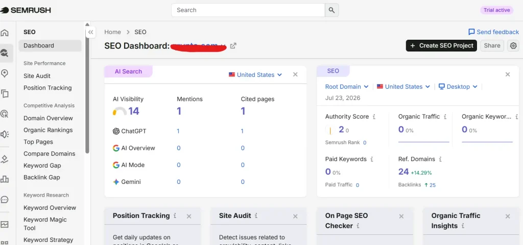 Semrush dashboard showing SEO toolkit, project overview, and analytics.